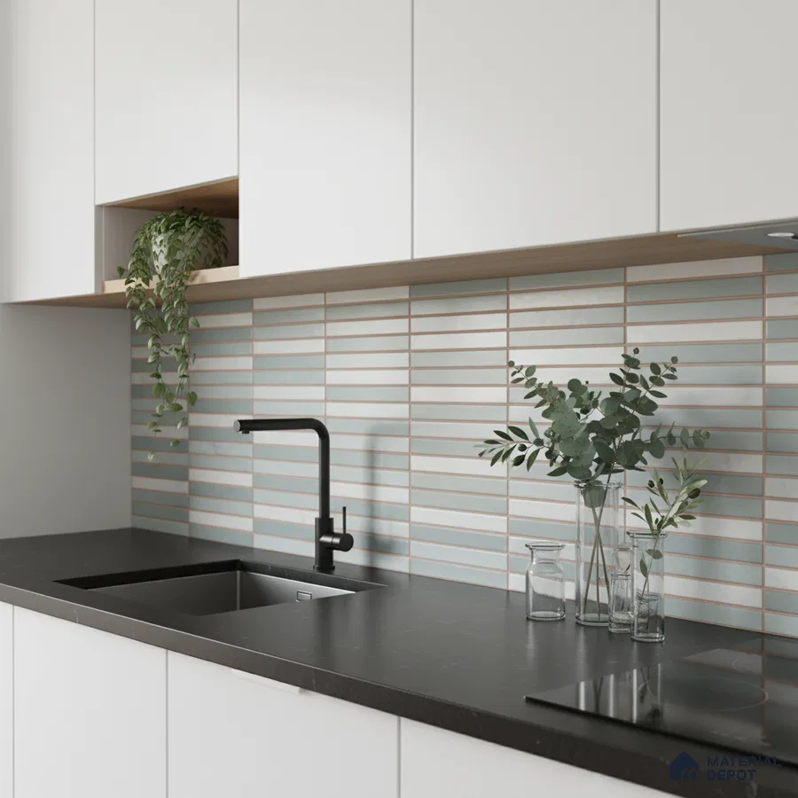 Minimalist kitchen with frosty white laminate cabinets, matte black quartz countertop, and pastel blue kitkat backsplash tiles
