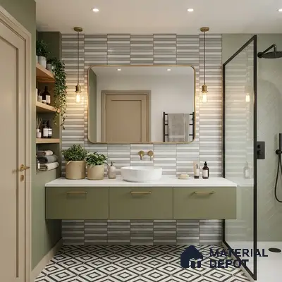 Modern bathroom with sage green laminate vanity, striped wall tiles, and geometric black-and-white floor tiles