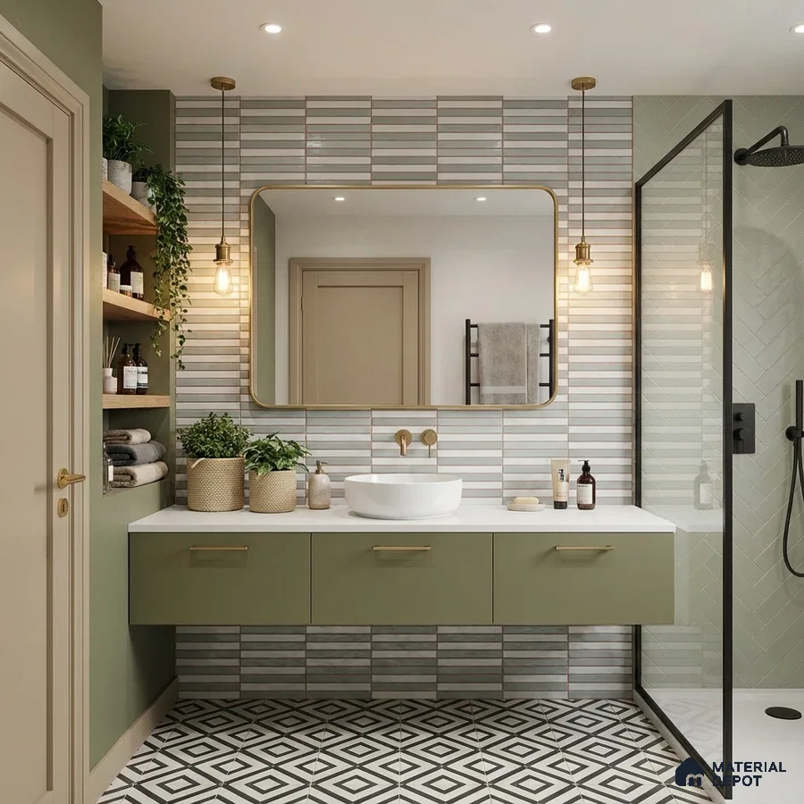 Modern bathroom with sage green laminate vanity, striped wall tiles, and geometric black-and-white floor tiles