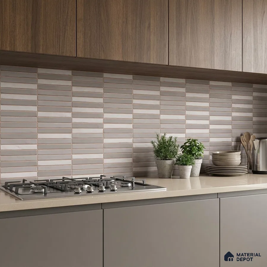Modern kitchen with walnut wood laminate cabinets, beige quartz countertop, and taupe striped subway backsplash tiles