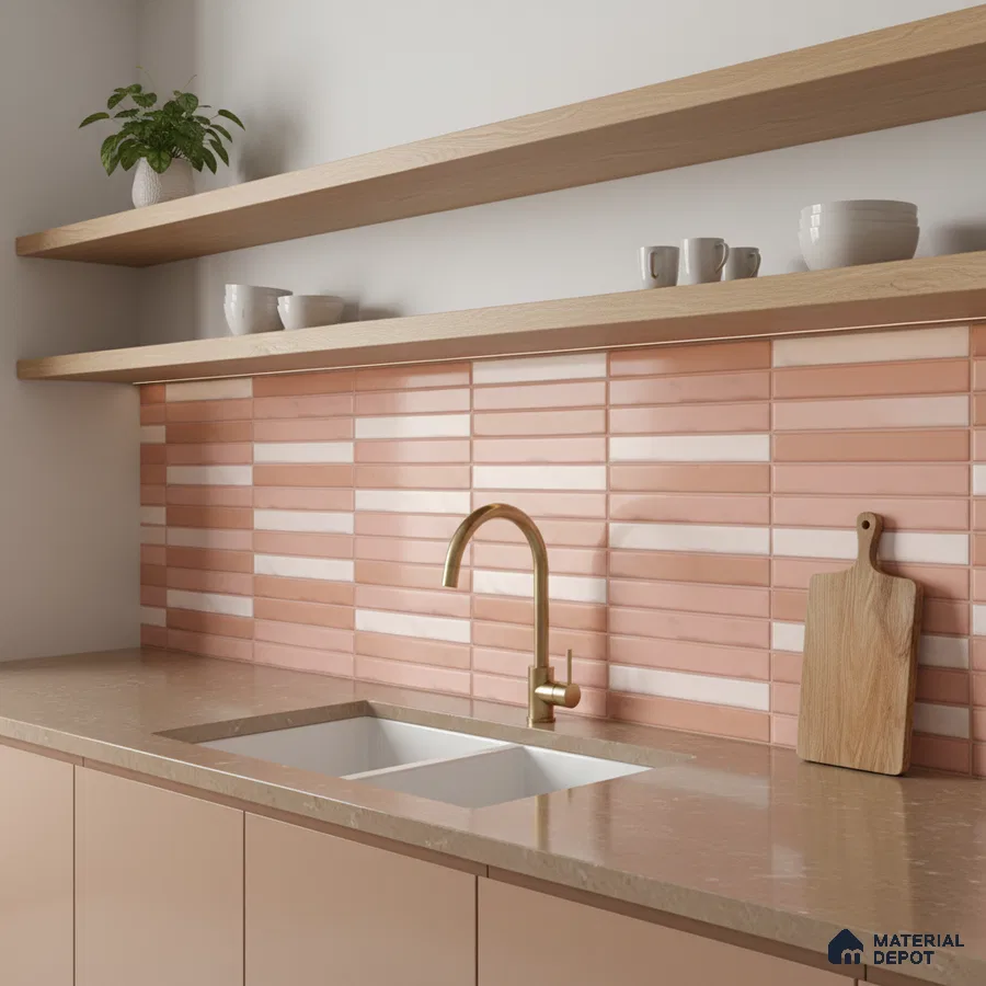 Scandinavian kitchen with blush pink subway backsplash tile and beige quartz countertop