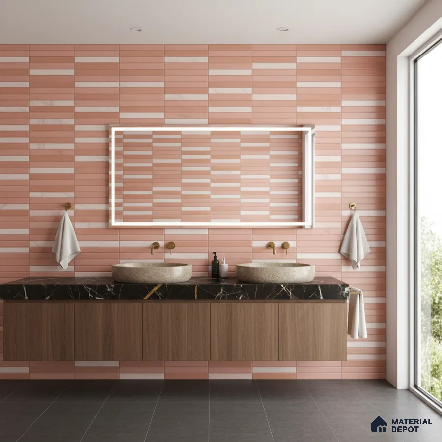 Modern bathroom with blush pink striped wall tiles and black quartz countertop
