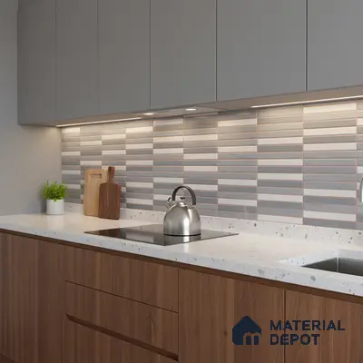 Modern kitchen with grey solid laminate, walnut wood laminate, terrazzo countertop, and striped subway backsplash tiles