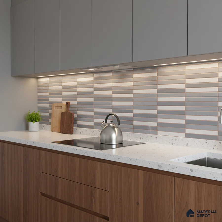 Modern kitchen with grey solid laminate, walnut wood laminate, terrazzo countertop, and striped subway backsplash tiles