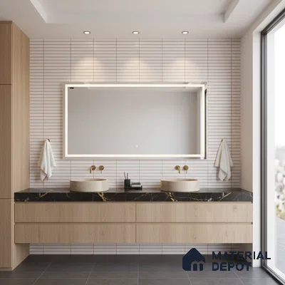 Minimalist bathroom with light wood vanity, black quartz countertop, and white kitkat wall tiles