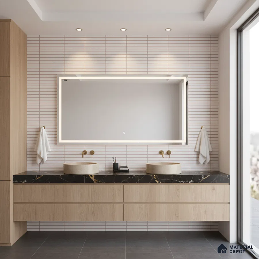 Minimalist bathroom with light wood vanity, black quartz countertop, and white kitkat wall tiles