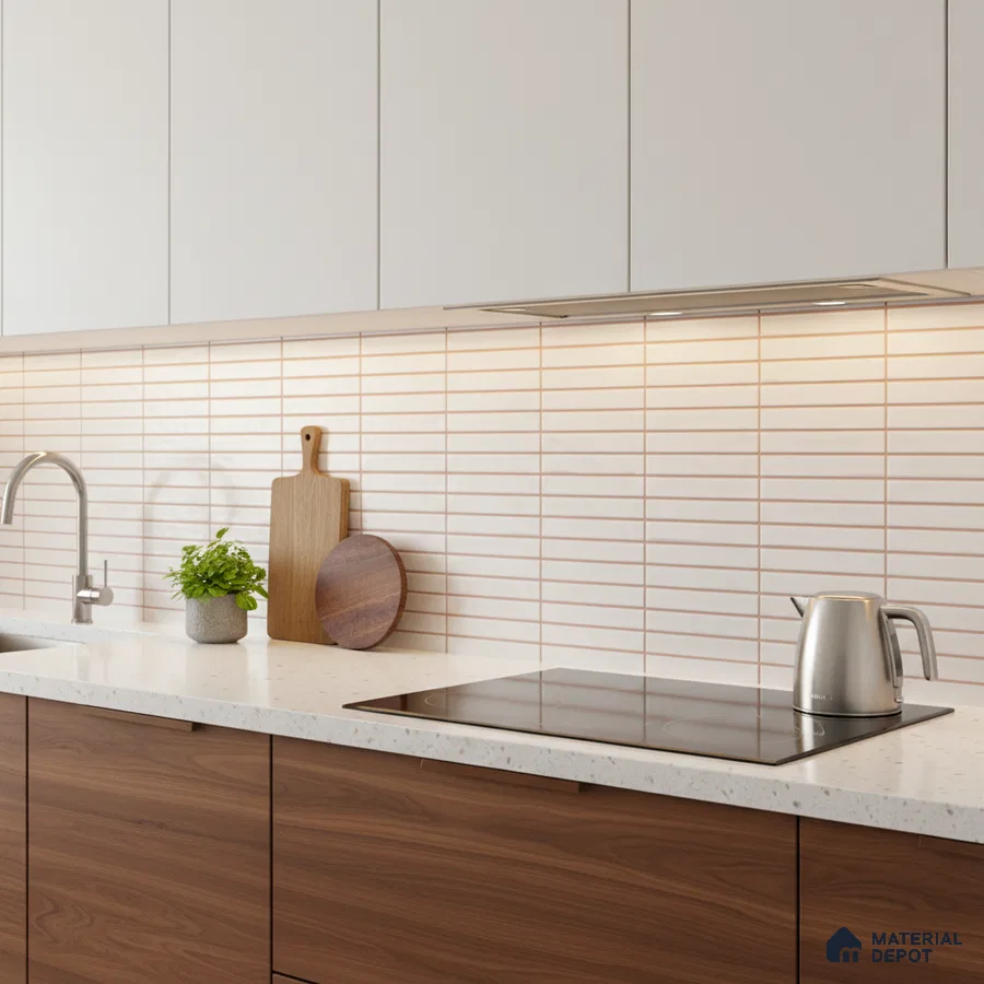 Modern kitchen with walnut wood laminate, frosty white laminate, white quartz countertop, and white kitkat backsplash tile