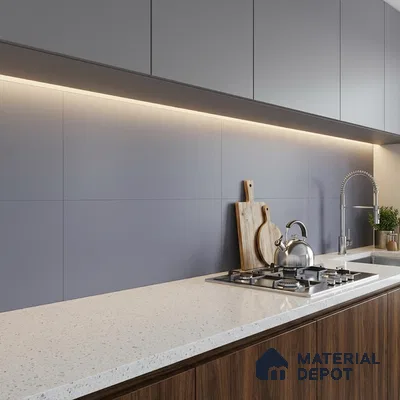 Modern kitchen with grey matte laminate cabinets, white quartz countertop, and walnut wood laminate base