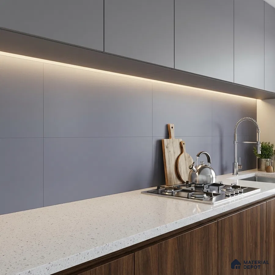 Modern kitchen with grey matte laminate cabinets, white quartz countertop, and walnut wood laminate base