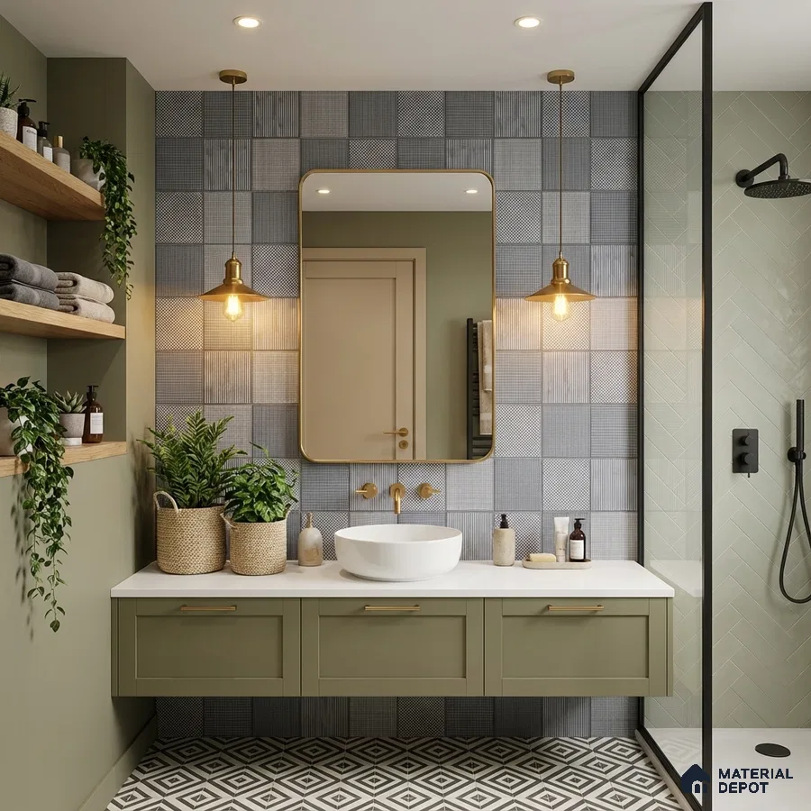 Scandinavian bathroom with sage green vanity, patterned grey wall tiles, and geometric floor tiles