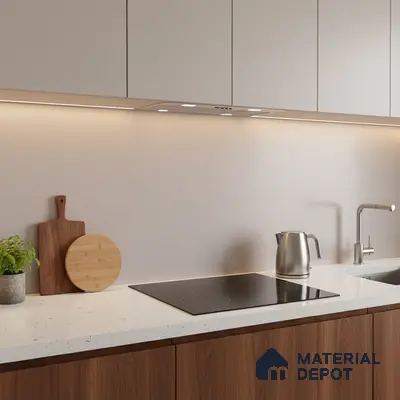 Modern kitchen with walnut wood laminate base cabinets and frosty white quartz countertop