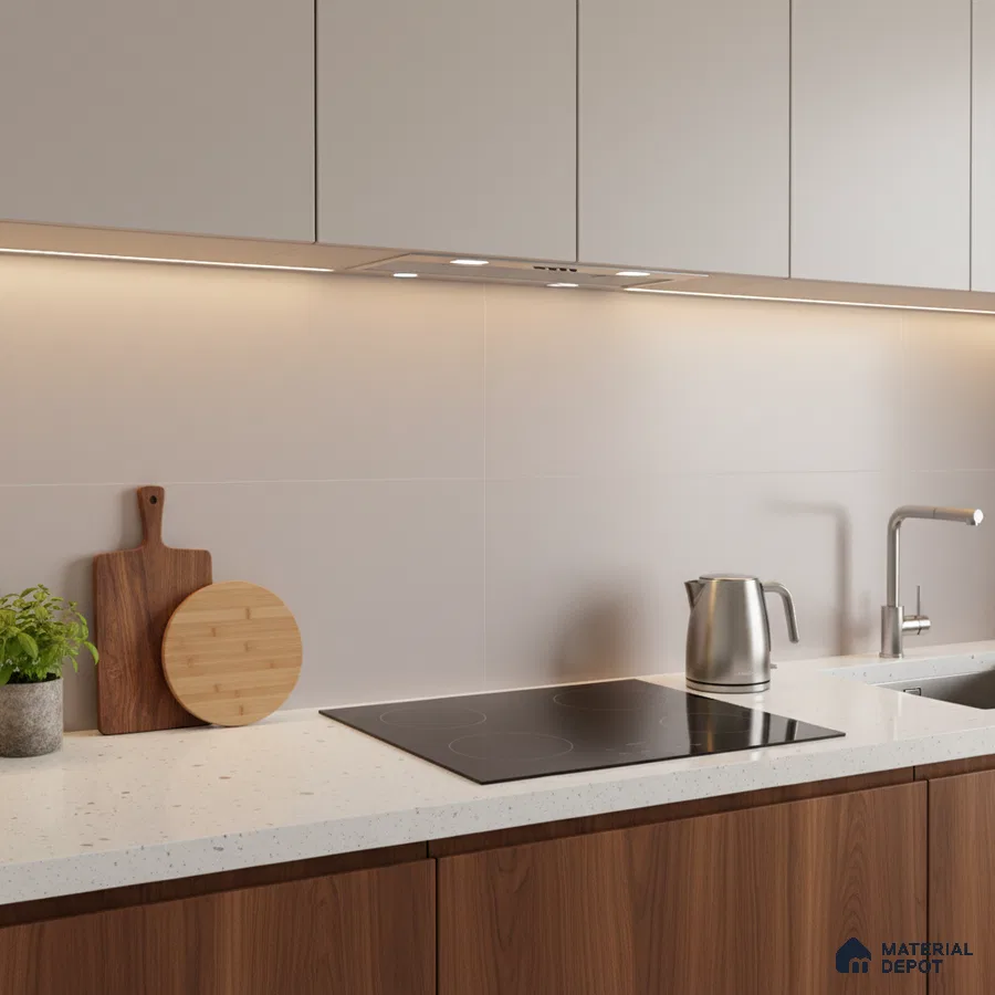 Modern kitchen with walnut wood laminate base cabinets and frosty white quartz countertop