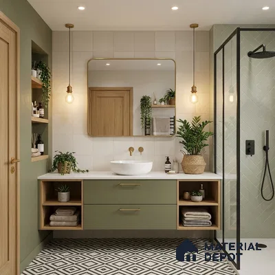 Scandinavian bathroom with sage green laminate vanity, geometric patterned floor tiles, and herringbone wall tiles