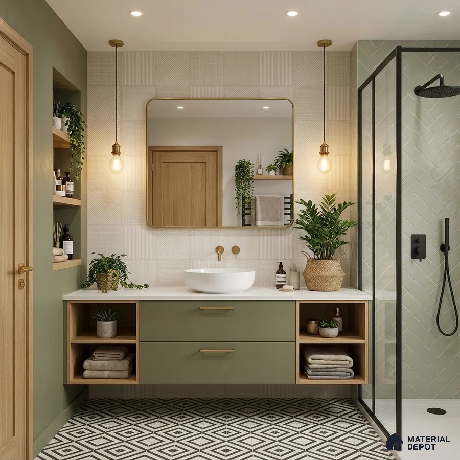 Scandinavian bathroom with sage green laminate vanity, geometric patterned floor tiles, and herringbone wall tiles
