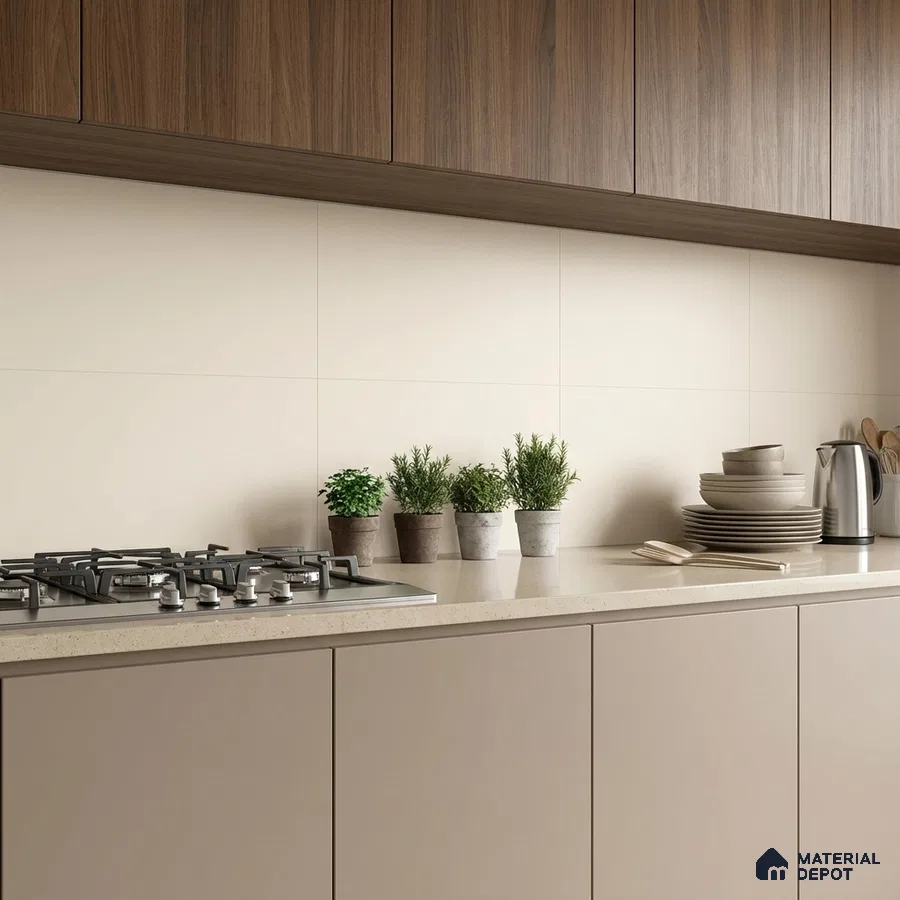 Modern kitchen with walnut wood laminate upper cabinets, beige solid color laminate base cabinets, and cream quartz countertop