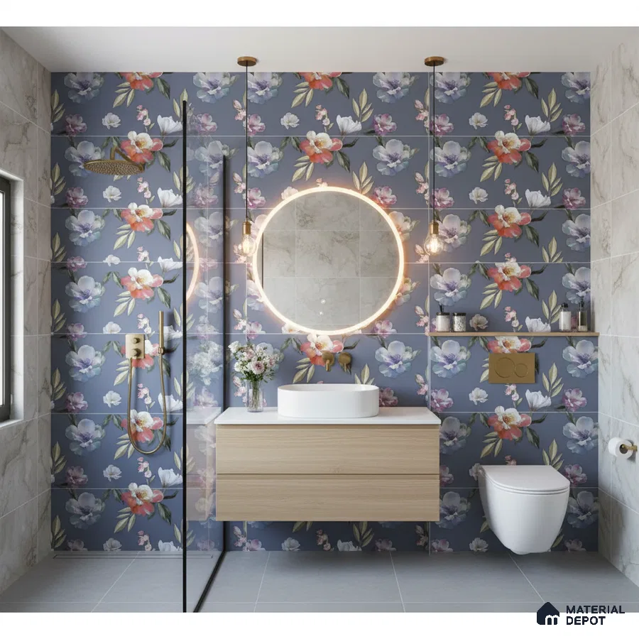 Modern bathroom with floral patterned wall tiles, light wood vanity, and grey floor tiles