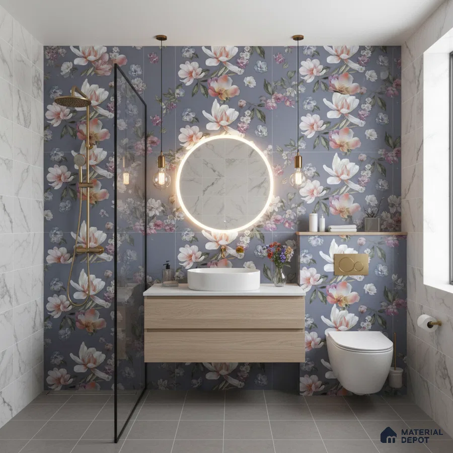 Modern bathroom with floral highlighter wall tiles, marble wall tiles, and light wood floating vanity