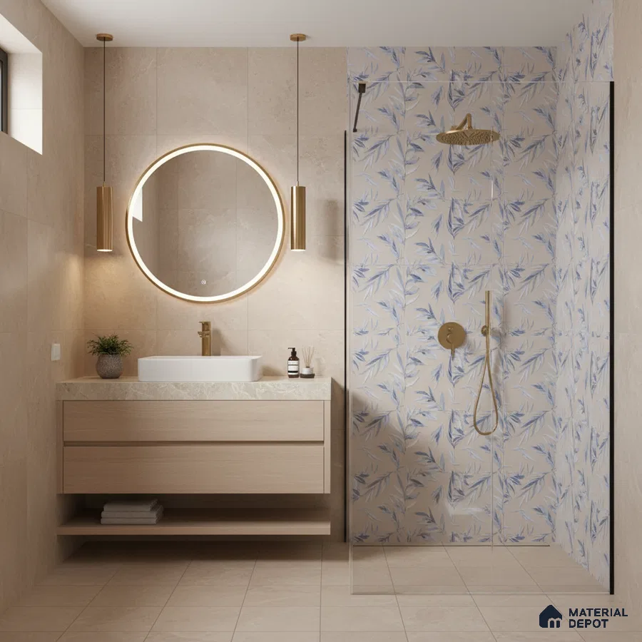 Modern kitchen with beige cabinets, black countertop, and blue botanical patterned backsplash tile