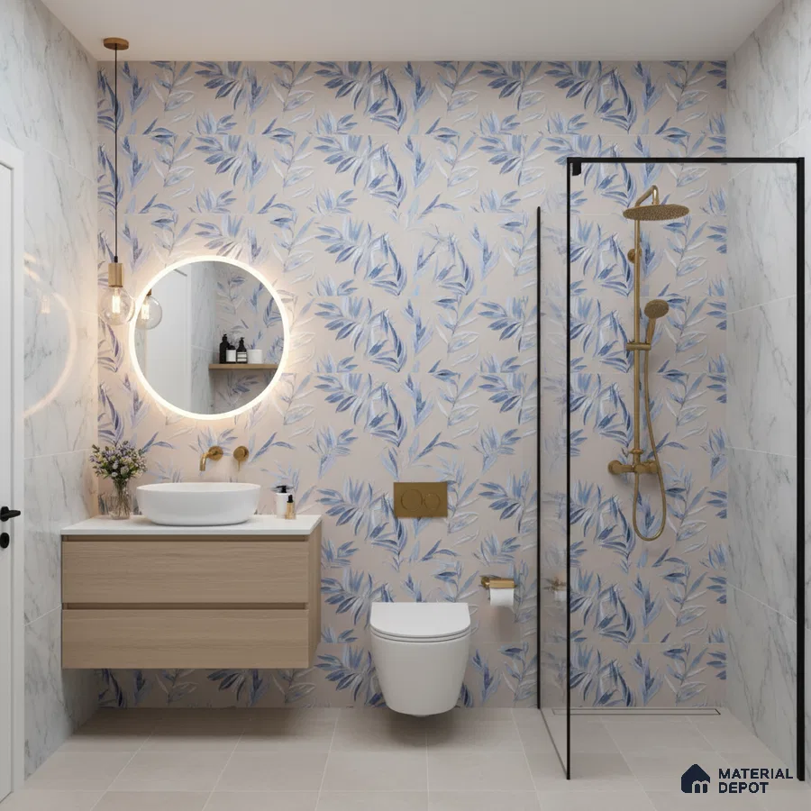 Modern bathroom with blue floral patterned wall tiles, marble-look wall tiles, and light wood floating vanity