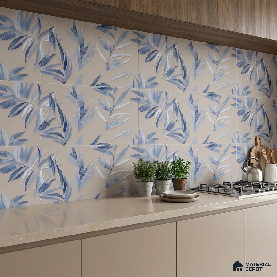 Modern kitchen with blue floral patterned wall tiles and beige quartz countertop