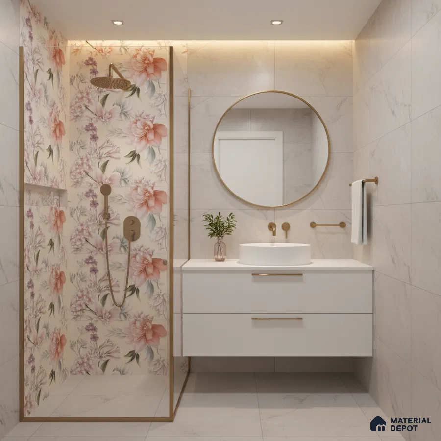 Modern bathroom with floral highlighter wall tiles and marble-look wall tiles