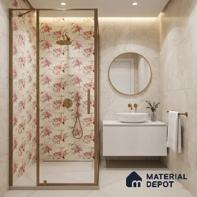 Modern bathroom with floral highlighter wall tiles and beige marble-look wall tiles