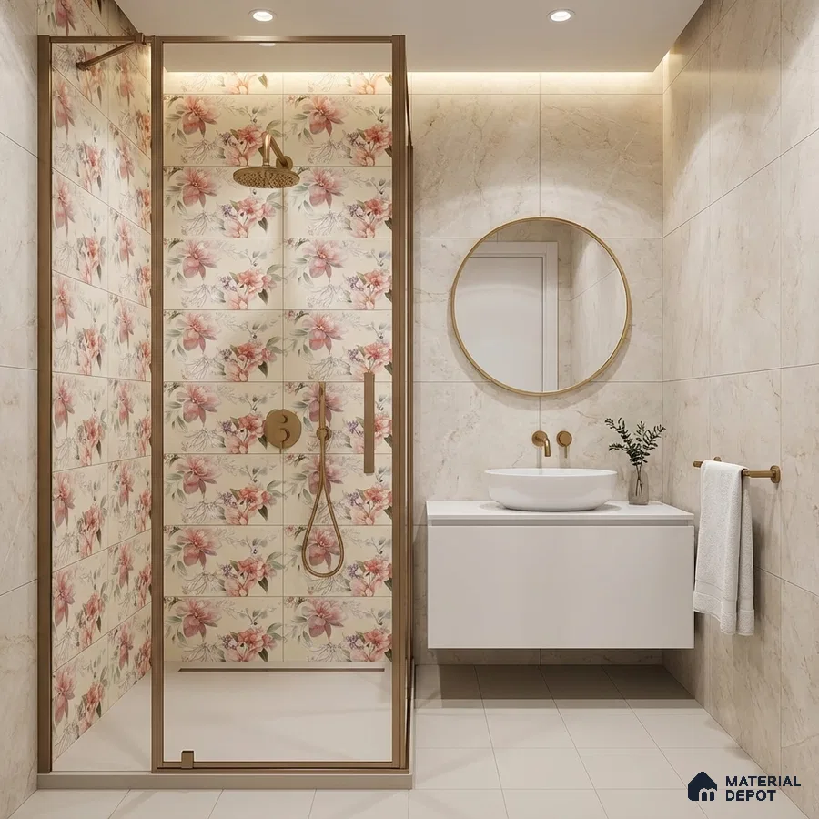 Modern bathroom with floral highlighter wall tiles and beige marble-look wall tiles