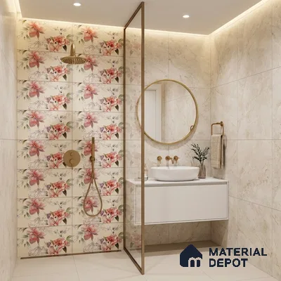 Modern bathroom with floral highlighter wall tiles and beige marble-look wall tiles