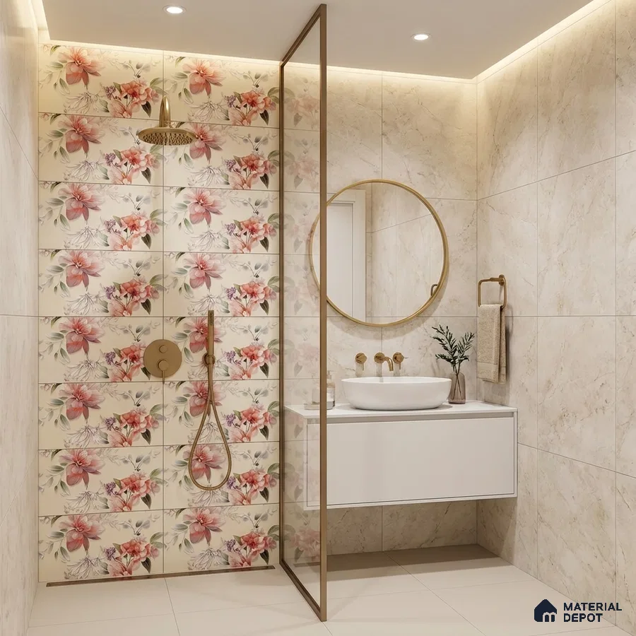 Modern bathroom with floral highlighter wall tiles and beige marble-look wall tiles