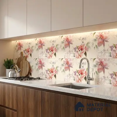 Modern kitchen with floral highlighter backsplash tiles, white quartz countertop, and walnut wood laminate cabinets