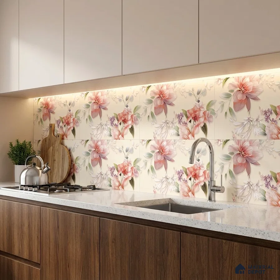 Modern kitchen with floral highlighter backsplash tiles, white quartz countertop, and walnut wood laminate cabinets