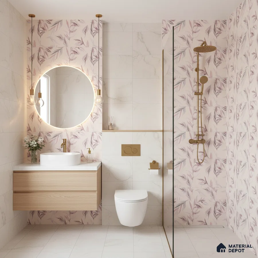 Modern bathroom with blush pink floral wall tiles, white marble look tiles, and light oak floating vanity