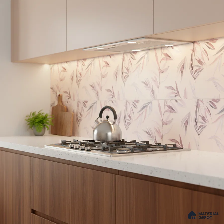 Modern kitchen with floral patterned backsplash tile, white quartz countertop, and walnut wood laminate cabinets