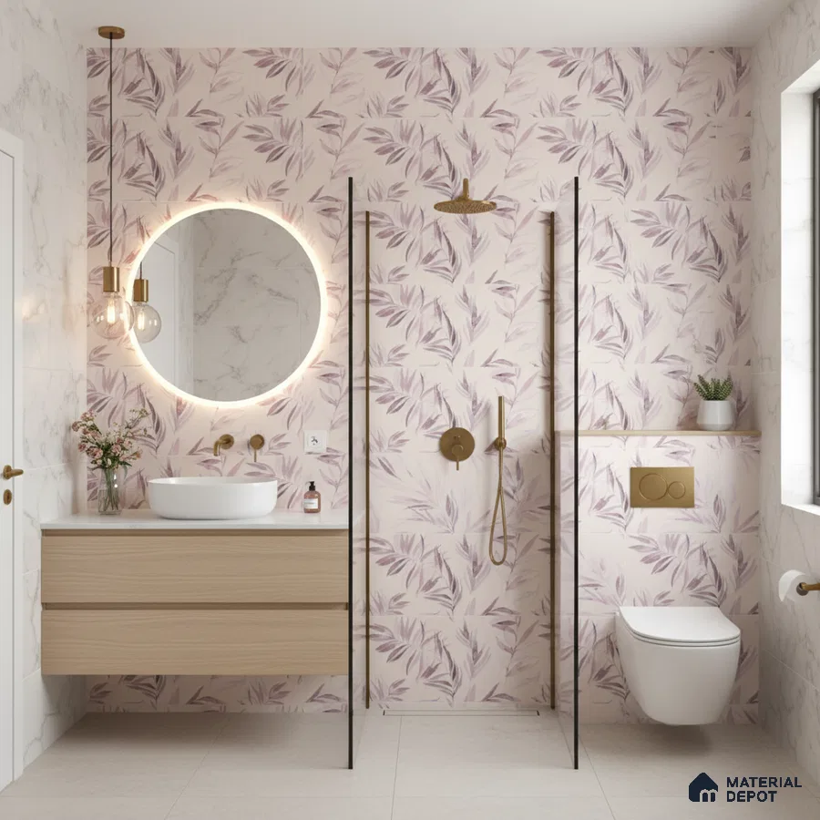 Modern bathroom with blush pink floral wall tiles and light oak floating vanity