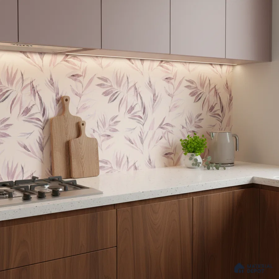 Modern kitchen with floral patterned backsplash tile, white quartz countertop, and walnut wood laminate cabinets
