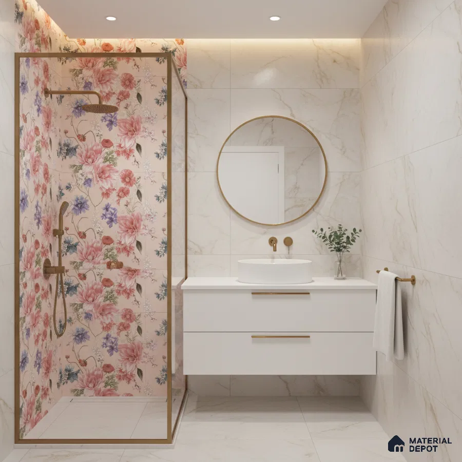 Modern bathroom with floral highlighter wall tile and marble-look wall and floor tiles