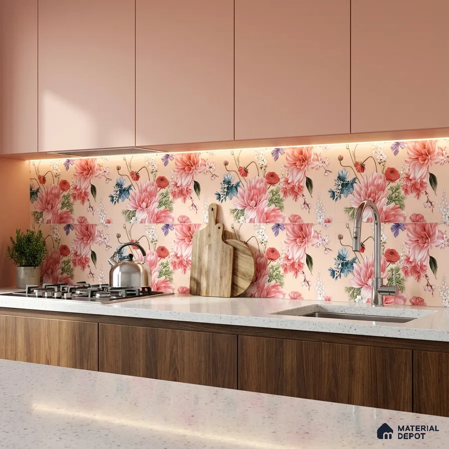 Modern kitchen with blush pink laminate, floral patterned backsplash tile, and white quartz countertop