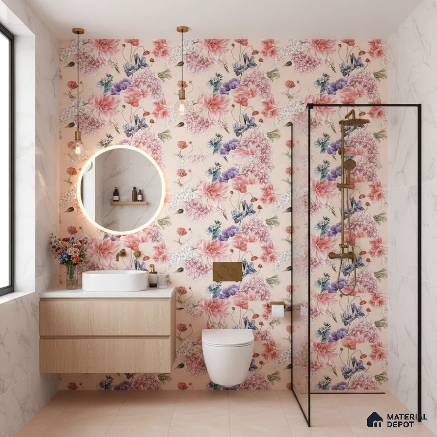 Modern bathroom with floral highlighter wall tile, marble wall tiles, and light wood vanity