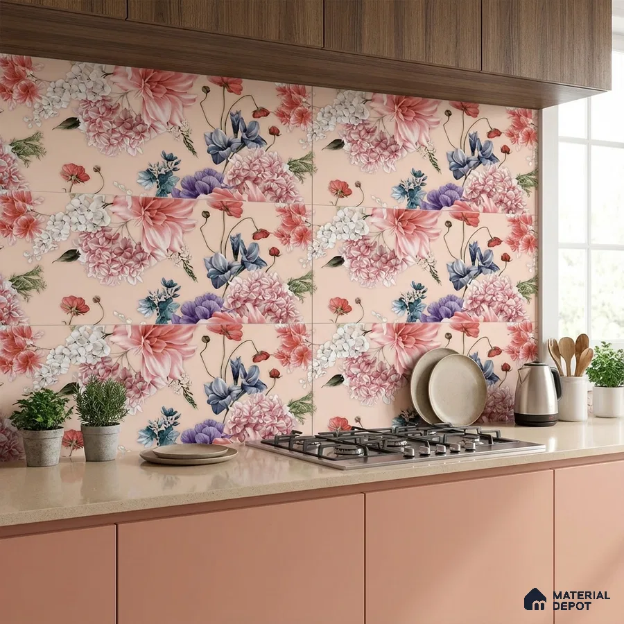 Modern kitchen with floral patterned backsplash tile, blush pink laminate cabinets, and beige quartz countertop