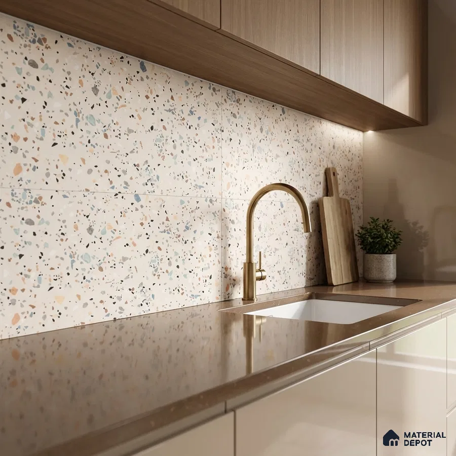 Modern kitchen with terrazzo backsplash tile, brown quartz countertop, and light wood laminate cabinets