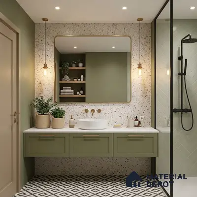 Modern bathroom with sage green laminate vanity, terrazzo wall tiles, and geometric black-and-white floor tiles