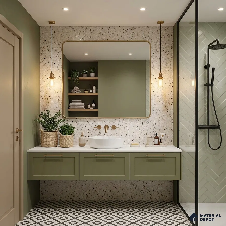 Modern bathroom with sage green laminate vanity, terrazzo wall tiles, and geometric black-and-white floor tiles