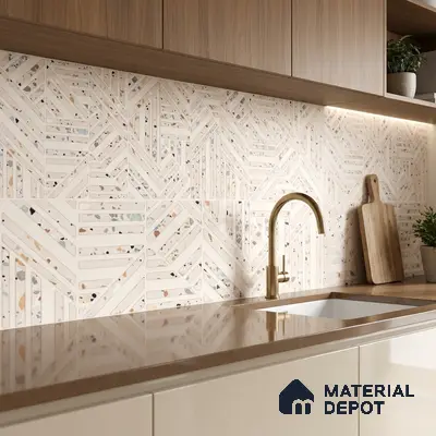 Modern kitchen with terrazzo geometric backsplash tile, taupe quartz countertop, and light wood laminate cabinets