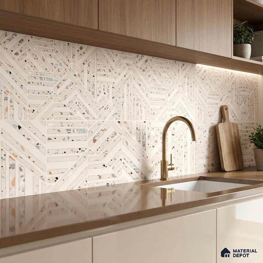 Modern kitchen with terrazzo geometric backsplash tile, taupe quartz countertop, and light wood laminate cabinets