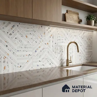 Modern kitchen with terrazzo geometric backsplash tile, brown quartz countertop, and light oak laminate cabinets