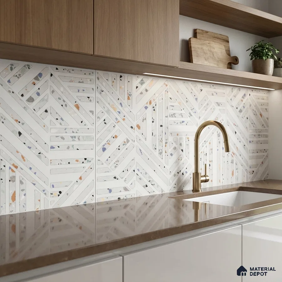 Modern kitchen with terrazzo geometric backsplash tile, brown quartz countertop, and light oak laminate cabinets