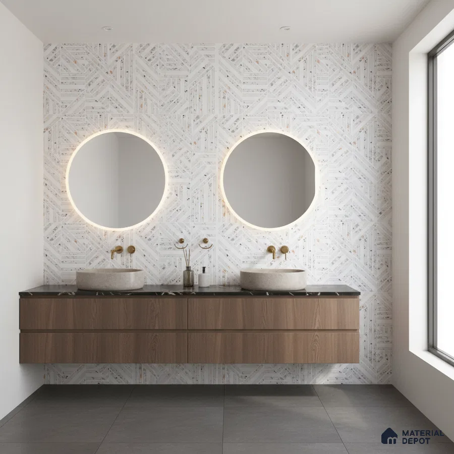 Minimalist bathroom with geometric white patterned wall tiles and walnut wood floating vanity