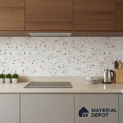 Modern kitchen with walnut laminate cabinets, terrazzo backsplash tile, and beige quartz countertop
