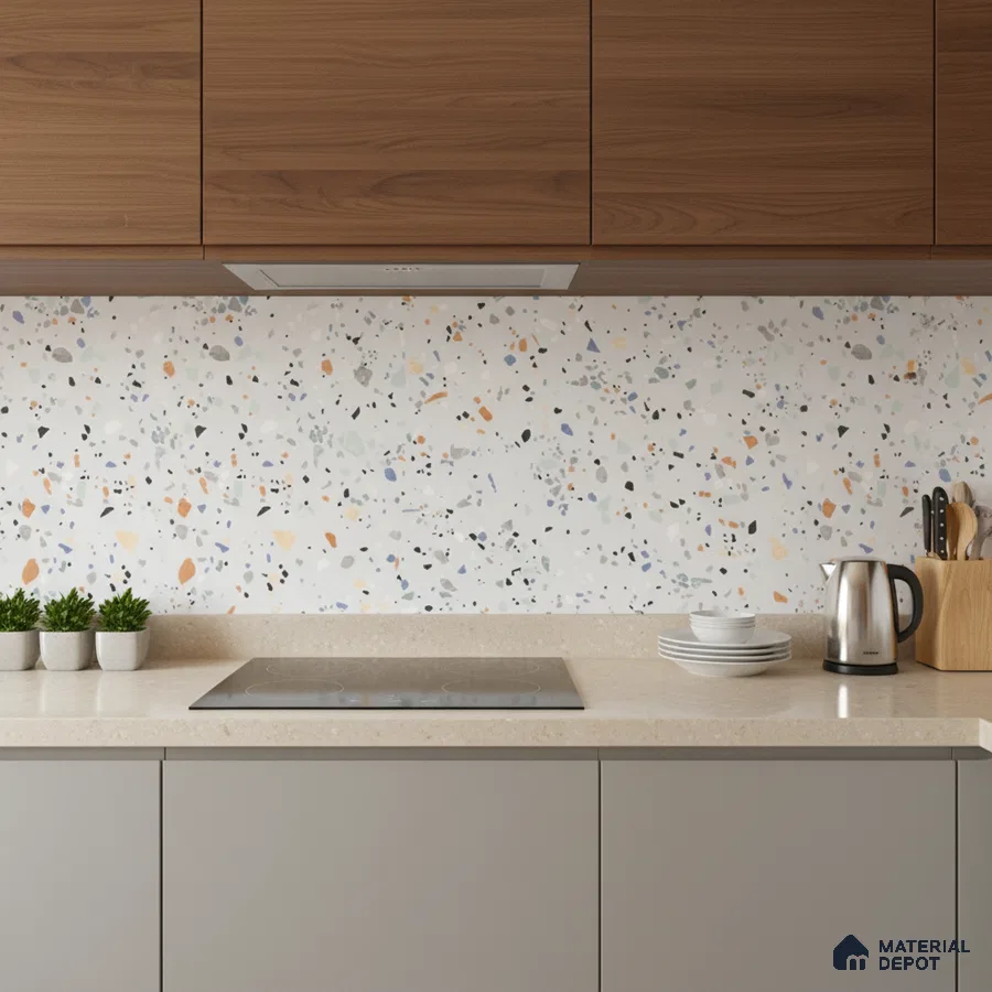 Modern kitchen with walnut laminate cabinets, terrazzo backsplash tile, and beige quartz countertop