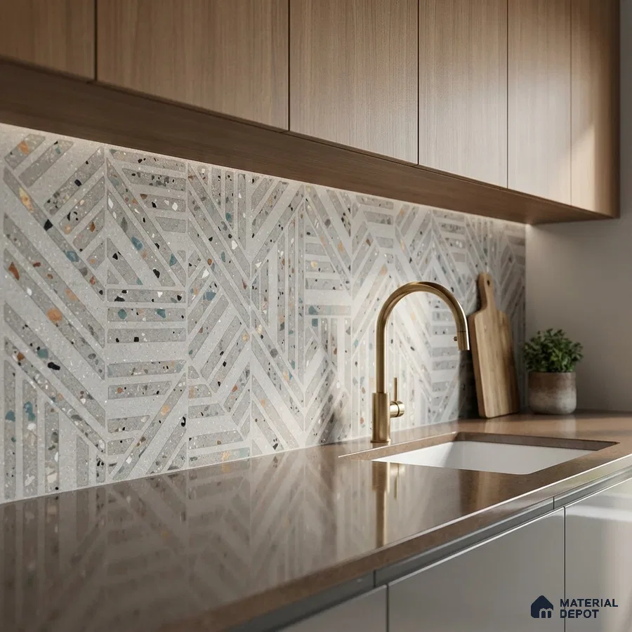 Modern kitchen with terrazzo geometric backsplash tile and light oak laminate cabinets